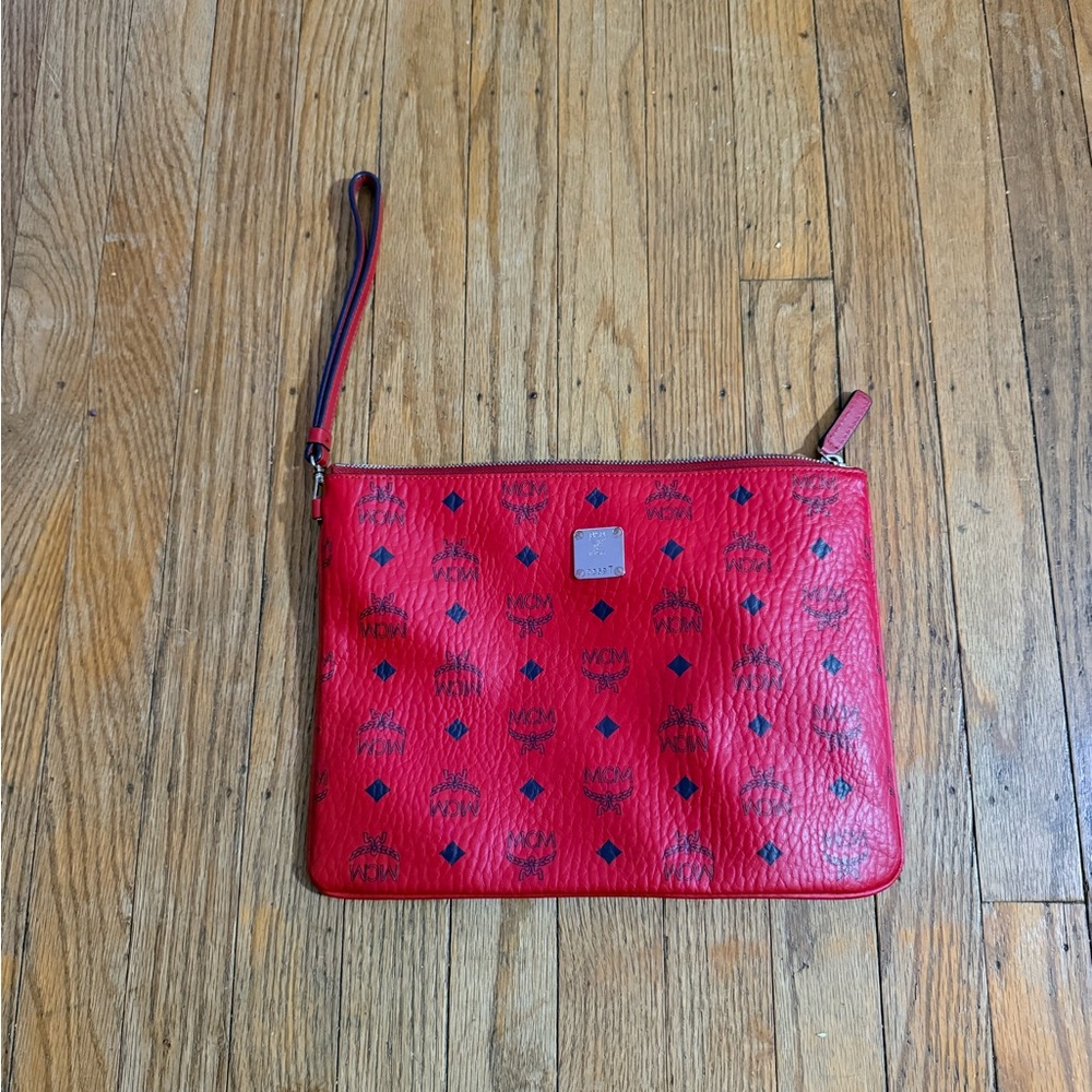 MCM Red and Black Leather Wristlet Clutch
